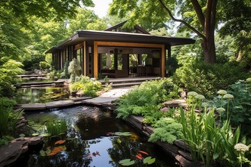 Tranquil Koi Pond Patio Designs: Serene Japanese Habitat with Lush Greenery