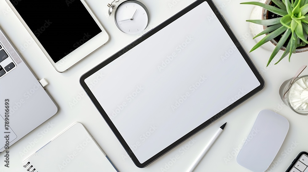 Poster Tablet and smartphone with blank screen on desk Top view flat lay with copy space : Generative AI
