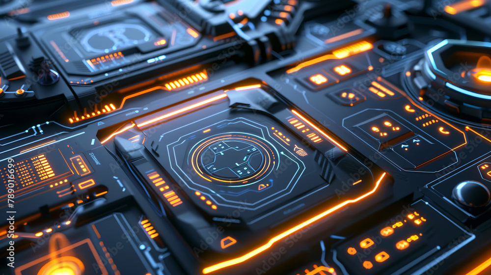 Poster a close up of a circuit board with many orange and black components