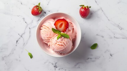 Strawberry ice cream in bowl on white stone background Top view flat lay : Generative AI
