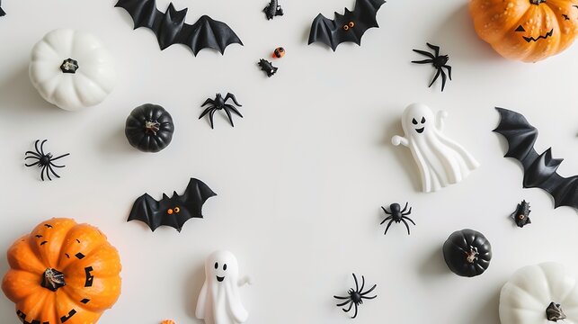 Cute halloween flat lay composition with pumpkins ghosts bats spiders web on white background Flat lay top view copy space Happy Halloween banner design : Generative AI
