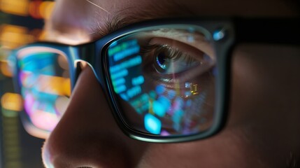 Focused developer coder wears glasses working on computer looking at programming code data cyber security digital tech reflecting in spectacles developing software program focus on eye : Generative AI