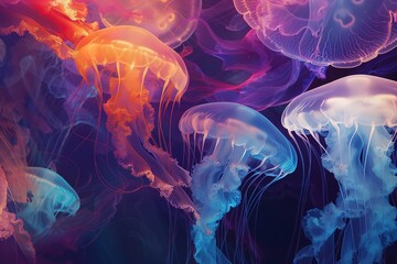 Vibrant jellyfish floating gracefully in a mystical underwater scene. - obrazy, fototapety, plakaty