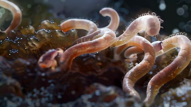 A highresolution image of a group of nematodes grazing on a patch of bacteria their delicate bodies intertwining as they feed. . AI generation.