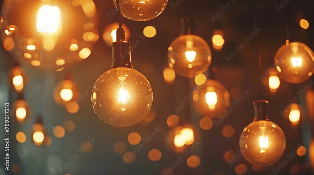 Poster classic sphere lighting bulbs are glowing in orange warming shade there are hanging from ceiling in 