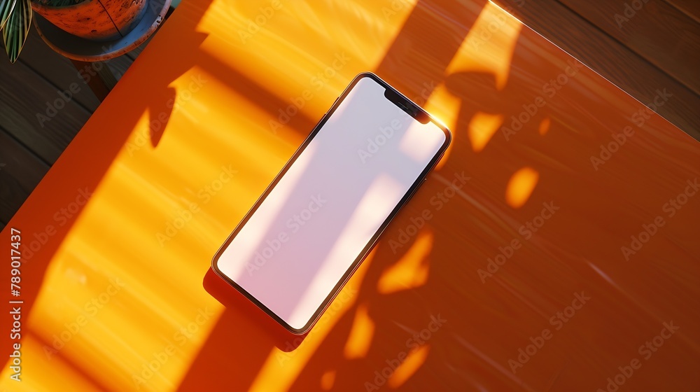 Poster Flat lay top view of orange office table desk with smartphone blank screen mockup with clipping path Modern working space : Generative AI