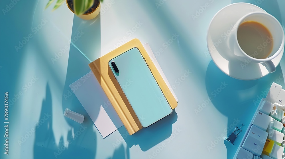 Poster Creative flat lay photo of workspace desk with smartphone coffee tag letter and notebook with copy space background minimal style : Generative AI