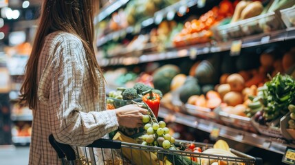 A woman grocery shopping, choosing healthy foods to fill her cart.