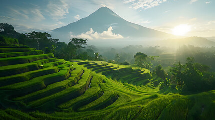 Terracing rice field in Indonesia with volcano mountain in background