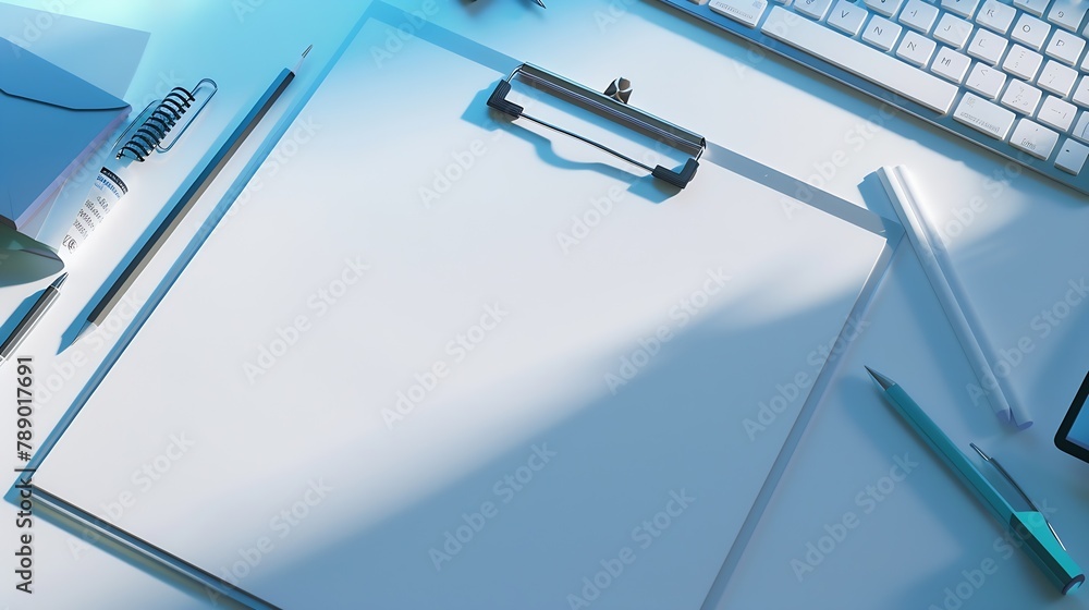 Aufkleber flat lay top view office table desk workspace with blank clip board keyboard office supplies pencils