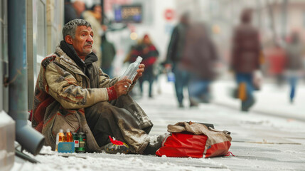 Elderly homeless man holding an empty bottle on a snowy sidewalk amidst urban life, invoking empathy. - obrazy, fototapety, plakaty