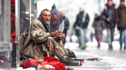 Elderly homeless man holding an empty bottle on a snowy sidewalk amidst urban life, invoking empathy. - obrazy, fototapety, plakaty
