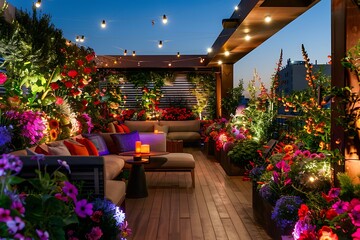 Rooftop with Vibrant flower beds meet cozy seating and twinkling fairy lights, transforming your living room into an outdoor paradise..
