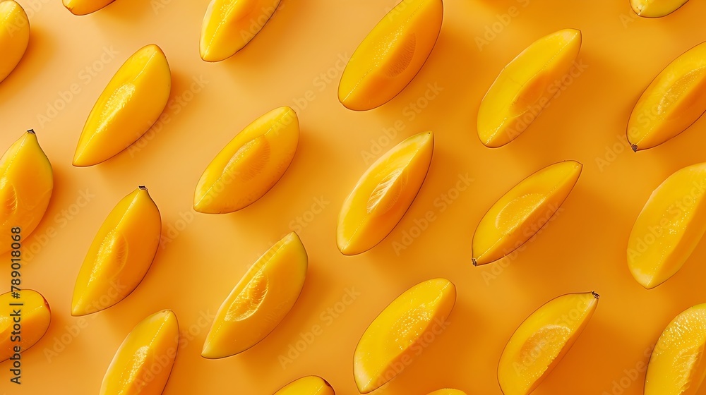 Poster Fresh sliced Mango in pattern on the orange background Fresh fruits Top view  Healthy and tasty Continous pattern isolate flat lay hard light minimal : Generative AI