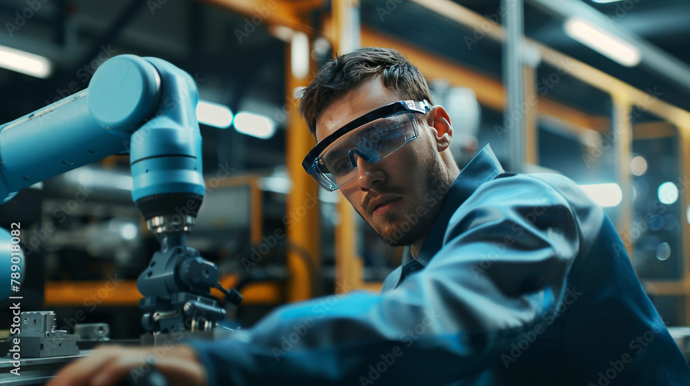 Aufkleber young engineer programming robotic arm in high-tech manufacturing facility, symbolizing innovation.