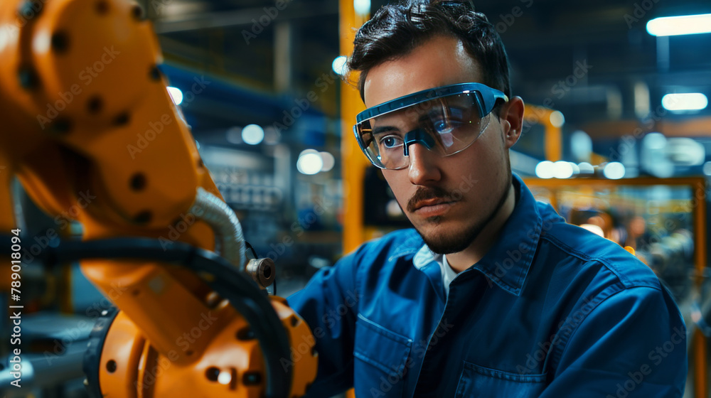 Aufkleber young engineer programming robotic arm in high-tech manufacturing facility, symbolizing innovation.
