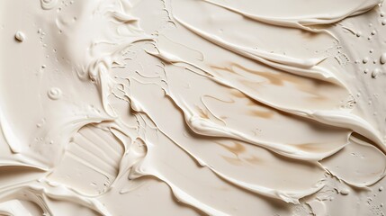 Smears of cream peptide foam macro Samples of cosmetic textures on a beige background flat lay :...