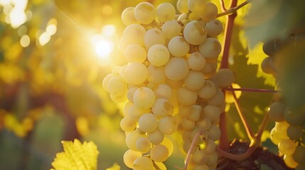 Close up of white grapes before harvest on wine yard during sunset : Generative AI