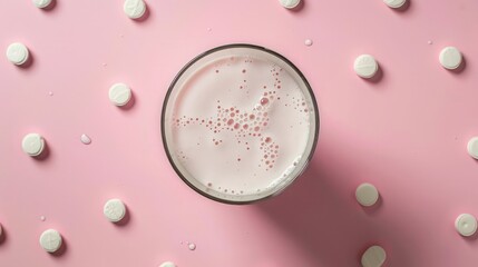 World Milk Day, Pattern on a pink background, A glass of milk, Transparent glass with a checkered pattern. Abstract sunny shadows on pink,  A glass of milk flat design