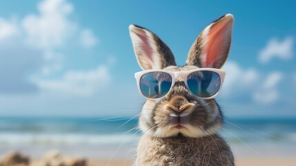 cute bunny rabbit wearing sunglasses and visit whole ocean side view