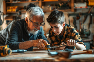 Senior grandfather and young grandson intently working on an electronics project together in a home workshop