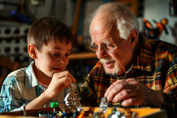 Senior grandfather and young grandson intently working on an electronics project together in a home workshop
