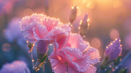Dew-adorned pink carnations at dawn with soft sunlight enhancing the floral delicacy and freshness