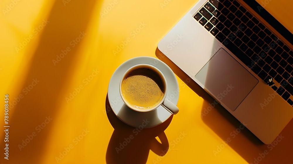 Aufkleber Top view of workspace with laptop cup of coffee and copy space on colored background : Generative AI