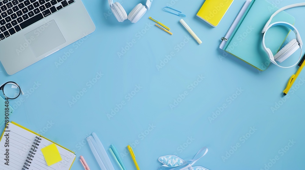Poster Online learning design concept Top view of student table with computer headphone and stationeries on blue table background : Generative AI