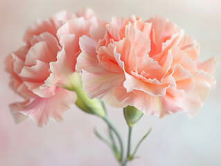 Soft pink carnations gently unfurling, epitomizing grace and subtlety on a serene backdrop