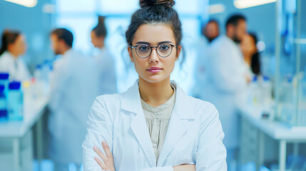 Confident female scientist in lab coat with folded arms in a bustling laboratory setting, embodying professionalism