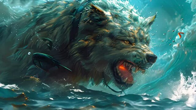A giant wolf is fighting a sea serpent in the middle of a raging storm.