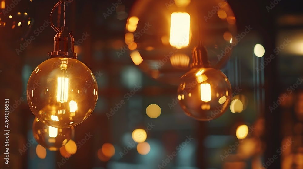 Poster classic sphere lighting bulbs are glowing in orange warming shade there are hanging from ceiling in 