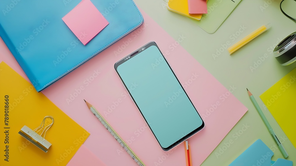 Poster Mock up smartphone and office accessories on colorful background with copy spaceview from above : Generative AI