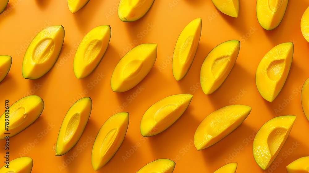 Poster Fresh sliced Mango in pattern on the orange background Fresh fruits Top view  Healthy and tasty Continous pattern isolate flat lay hard light minimal : Generative AI