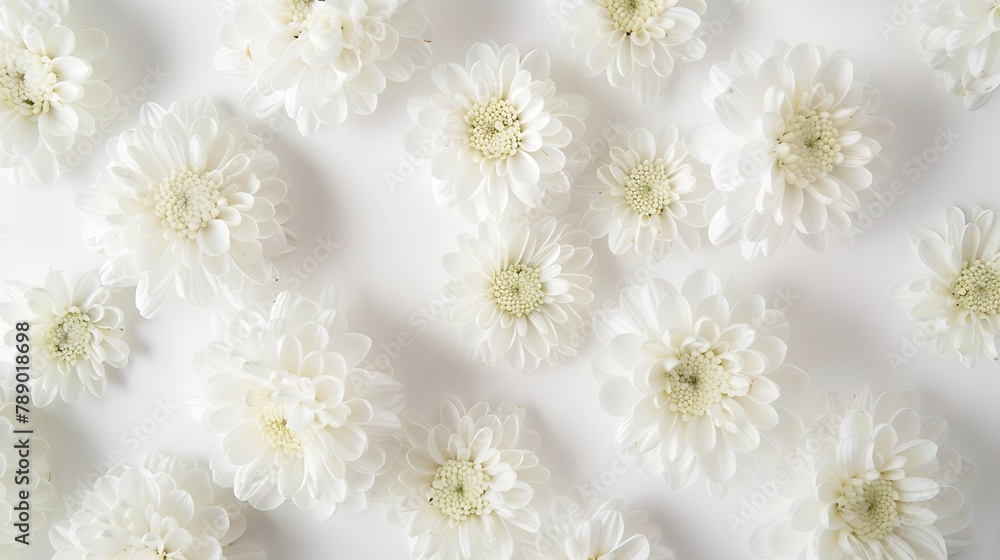Poster white chrysanthemums on white background frame copy space top view flat lay : Generative AI