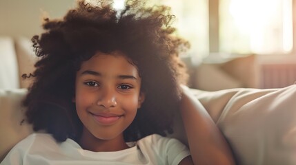Close up beautiful African teenager girl sitting on sofa at home staring into distance feel happy having wide toothy charming smile and natural afro curly hairs posing indoors Generati : Generative AI - obrazy, fototapety, plakaty