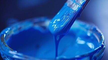 Close up of blue paint pot and dripping paintbrush : Generative AI - Powered by Adobe