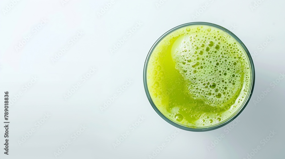 Poster Glass of fresh green smoothie juice isolated on white background top view flat lay Clipping path : Generative AI