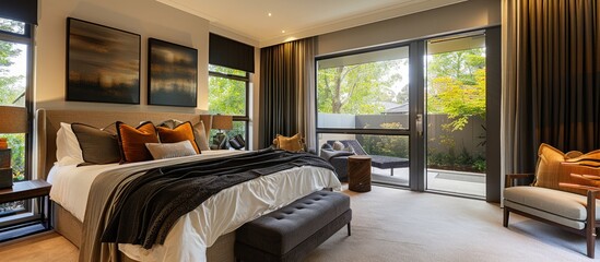 Modern design features in a comfortable bedroom setting. - obrazy, fototapety, plakaty