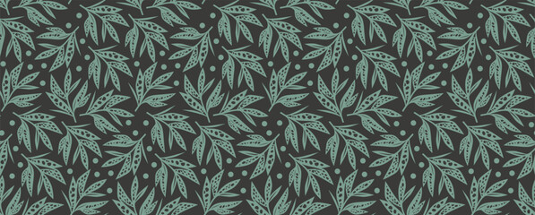 Vector seamless pattern with silhouette leaf. Green leaves on black background. Textile art featuring a motif of leaves, dots in grey and aqua colors on a dark background, inspired military camouflage