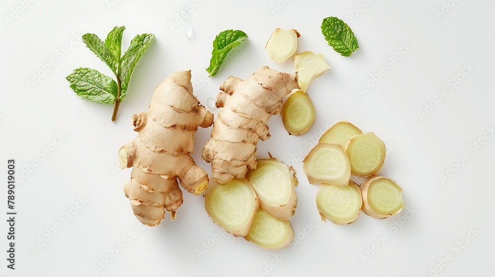 Poster Ginger root with sliced and mint leaf isolated on white background  top view  flat lay : Generative AI