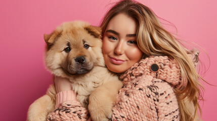 A captivating woman with a gentle spirit cuddling a fluffy Chow Chow puppy, both radiating warmth against pink back ground