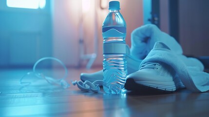 Workout healthy lifestyle concept Sneakers towel fitness bbracelet and bottle of water : Generative AI - obrazy, fototapety, plakaty
