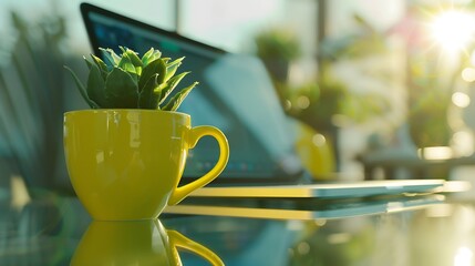 Close up of yellow cup of coffee laptop with mock up screen and green potted plant on glass designer table Blogger freelancer workplace : Generative AI - Powered by Adobe