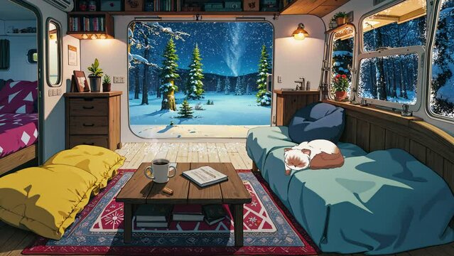 The cat sleeps inside the bungalow watching the magical forest in winter. Lofi art, animation