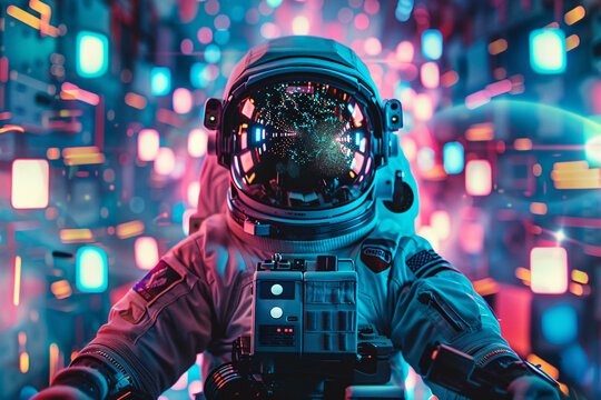 Astronaut with reflective helmet visor in neon lit environment