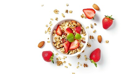 Breakfast with muesli strawberry salad fresh fruit nuts on white background Healthy food concept Flat lay top view : Generative AI
