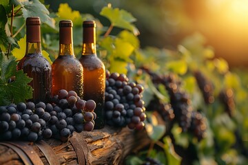 Vines with clusters of black grapes and wine bottles on the theme of winemaking and viticulture - obrazy, fototapety, plakaty