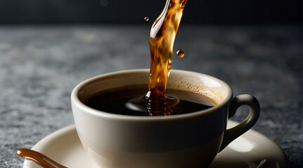 Cup of coffee with cream, splashes on a dark background. Delicious coffee concept.
